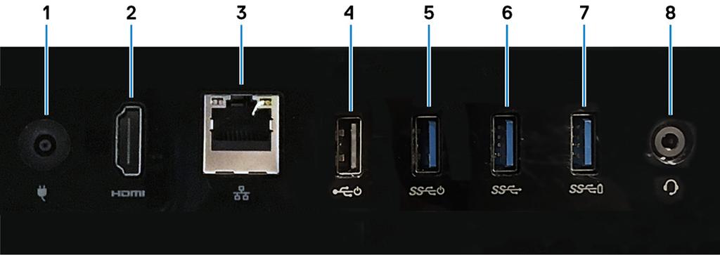 Achterpaneel 1 Netadapterpoort Sluit een stroomadapter aan om uw computer op netvoeding aan te sluiten. 2 Poort voor HDMI-uitgang Sluit een tv of een ander apparaat met een HDMI-ingang aan.