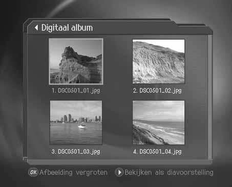 6.7 Digitaal album U kunt foto's weergeven of bewerken in Menu Recorder Digitaal album. 1. Druk op de knop MENU. 2. Selecteer Recorder met de knop en druk op de knop OK of. 3.