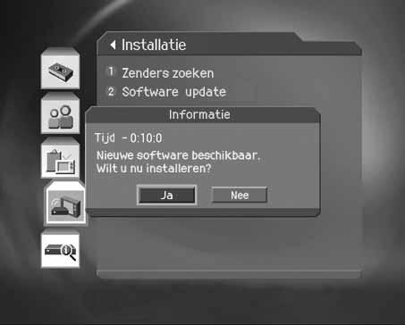 11. Software update 11.2 Software via het menu bijwerken U kunt de software automatisch laten bijwerken. 1. Druk op de knop MENU. 2. Selecteer Installatie met de knop en druk op de knop OK of. 3.