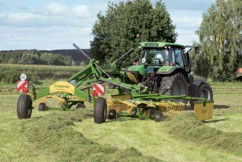 De veelzijdige zijafleghark met twee elementen De getrokken KRONE Swadro TS modellen met zijafleghark worden aangeboden van werkbreedtes van 6,20 m tot 7,40 m.