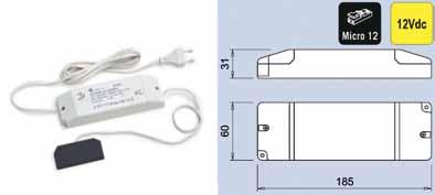 Afwerking Input Output Watt Verpakking 041522 wit 220-240Vac 12Vdc 30W 1 Voeding 60W type SL 60/12R - voor Led verlichting 12Vdc - met aansluitsnoer van 200 cm - met