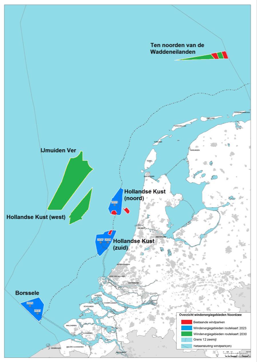 Figuur 1: ligging windgebieden tot 2030 1.3 Omvang De routekaart windenergie op zee 2030 voorziet in windparken met een gezamenlijke omvang van circa 6,1 GW.