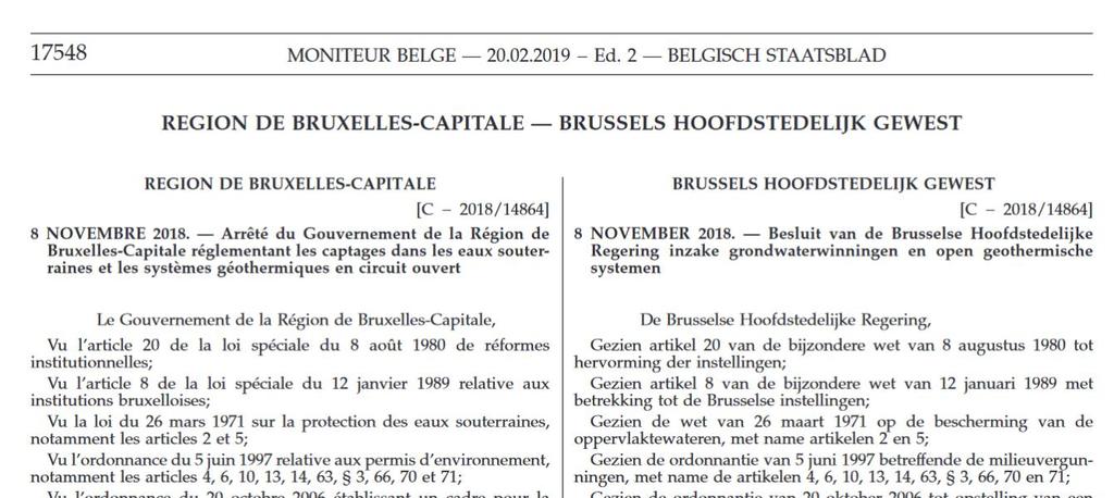 BESLUIT VAN DE BRUSSELSE HOOFDSTEDELIJKE REGERING VAN 8 NOVEMBER 2018 INZAKE GRONDWATERWINNINGEN EN OPEN