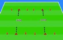Warming-up; kampioenenbal Maak tweetallen. De tweetallen gaan aan weerszijden van het veld tegenover elkaar staan. In het midden (tussen de tweetallen in) liggen per tweetal drie ballen.
