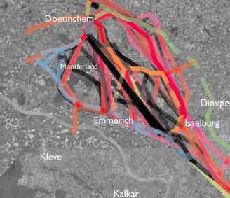 b. Vanuit het landschap lijnen trekken Als basis voor de invulling van de ontwerpopgave is een schetsmatig overzicht gemaakt van alle denkbare, maar soms niet realistische tracés.