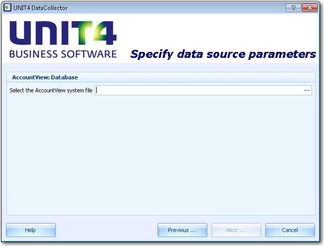 Wanneer u UNIT4 DataCollector hebt opgestart op een systeem waarop een (werkstation)installatie van AccountView is uitgevoerd, zal de locatie van de system file automatisch worden opgehaald uit het