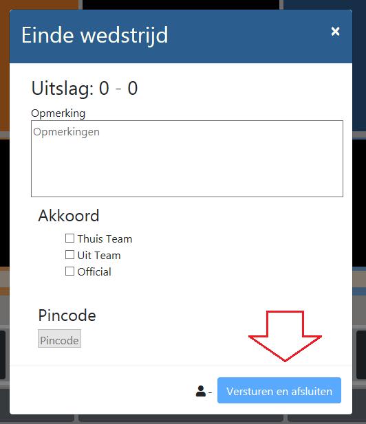 Bijde pincode geeft de hoofdscheidsrechter zijn code in of de code van de club indien er geen officiële scheidsrechter is.