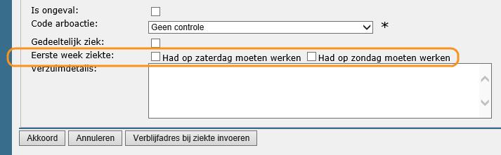 3 Module Verzuim Eerste weekend ziek Er is nu een nieuwe optie beschikbaar waarmee kan worden aangegeven dat de werknemer ingeroosterd was in het eerste weekend van de ziekte.