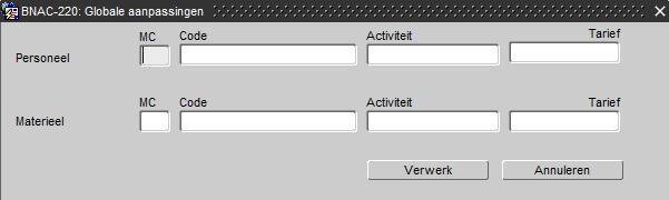 Opzoekingen (BNAC-020) Menu-item "Nacalculatie Opzoekingen (gedeelte uuringave) menu Extra Globale aanpassingen" Je kan voor personeel en materieel apart opgeven wat de middelcategorie, het middel,