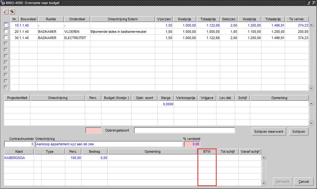 Meerwerken (IMMO-4090) Menu-item "Verkoop Meerwerken menu Extra Overname naar budget" Onderaan kan per klant opgegeven worden wat het toe te passen btw-percentage is.