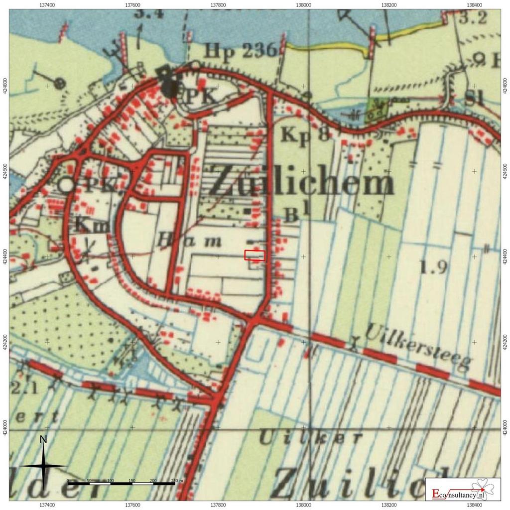 Figuur 8. Situering van het plangebied binnen de Topografische kaart uit 1958 Zuilichem (gemeente Zaltbommel) Nieuwstraat tussen nr.