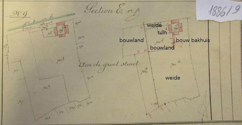 Hij breidt de hoeve uit tot een vierkantshoeve, supprimeert de oostelijke boomgaard en vormt ze samen met de achterliggende akker om tot weide. Fig.