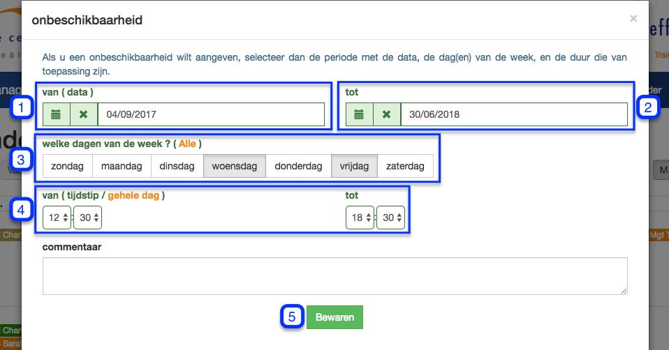 Geef eerst de datum in (1), de dag van de week (2) en nadien het tijdstip (3), klik op bewaren (4): Onbeschikbaar op weerkerend