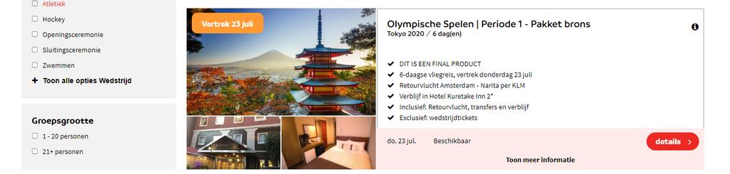 Vanaf hier kun je de pagina met de pakketreizen bezoeken. Selecteer de categorie Olympische Spelen. Vervolgens verandert het tweede vakje, genaamd 2) Evenement, in Tokyo2020.