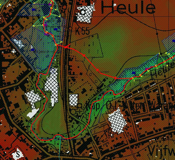 Figuur 17: scenario 5 met rechttrekking van de Heulebeek te Heule Conclusies van de scenario-analyse: Een rechttrekking van de Heulebeek in Heule heeft zeer lokaal een significant effect.