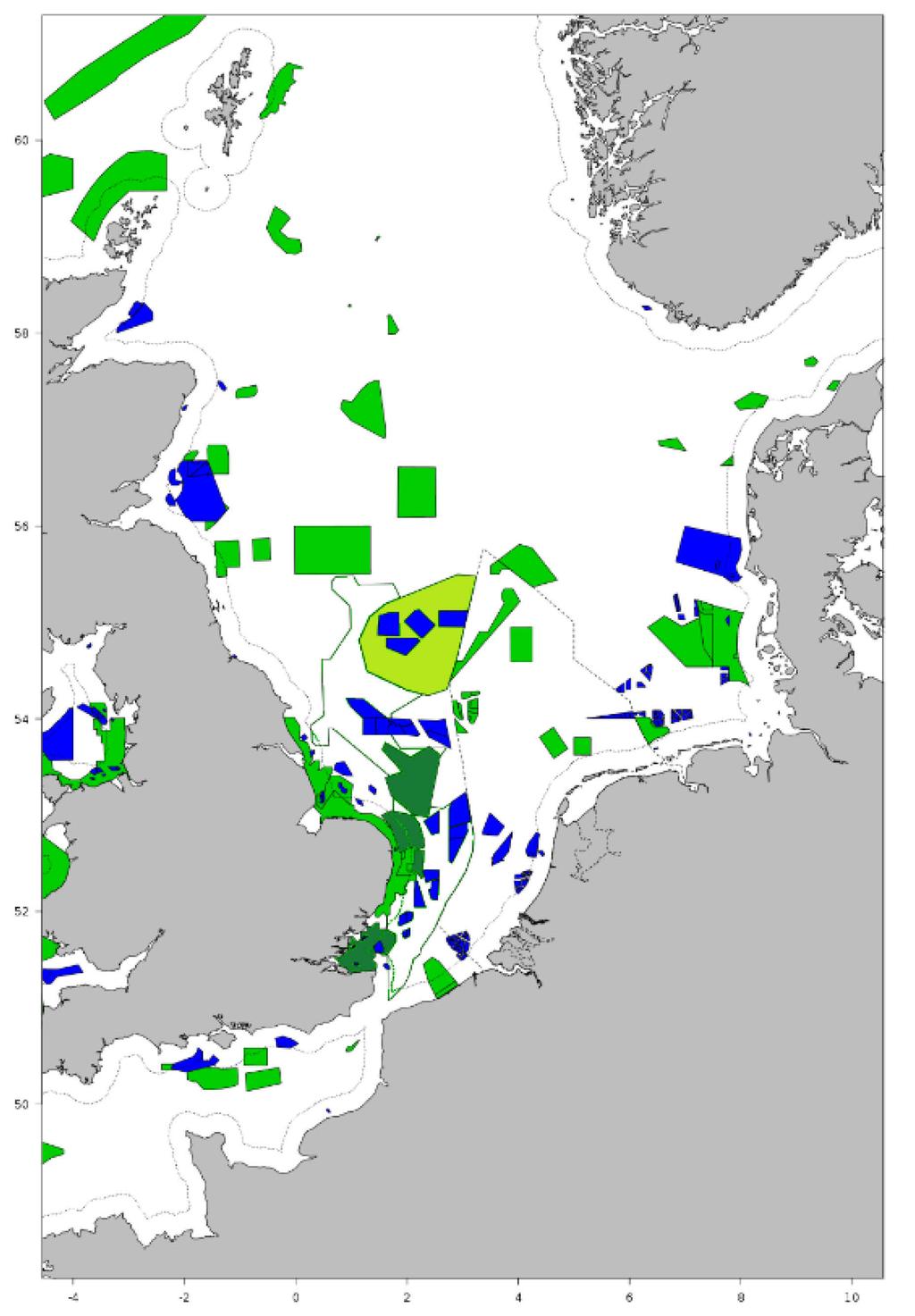 Figuur 1 Overzicht van de gesloten en te sluiten gebieden in de Noordzee en Het Kanaal.