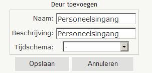 U komt in het volgende venster: Vul een naam en eventueel een beschrijving in van de deur. Dit is enkel de tekst. Er worden later één of meerdere scanners aan de deur gekoppeld.