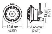 Goedkeuring: ECE 3BB 922 000-731 Claxons 12 V 2 x 42 W, 350/415 Hz - Universeel Diameter Afmetingen: 10,8 cm 6,65 x 12,2 cm SERIE DL50 CLAXONS MET MASSIEVE TOON 310/380 Hz