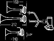 12 V, 240 W, 780/820/880 Hz - Universeel Lengte van de hoorns: 14 cm 16,3 cm 21,2 cm Met compressor, drukleidingen, vorkdeel, bevestiging en relais 12 V 3PD 013 410-031