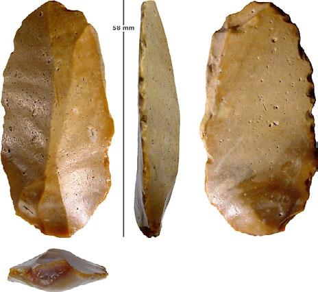 het Overijsselse Basse. De verwering en geologische context van deze ongeretoucheerde kling geven aan dat deze waarschijnlijk tussen 140.000 en 30.