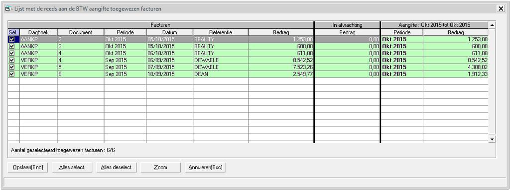Vanuit dit scherm kan u een factuur die niet in deze periode zou moet worden aangegeven deselecteren. Na het deselecteren worden de kolommen Periode en Bedrag Aangifte leeg gemaakt.