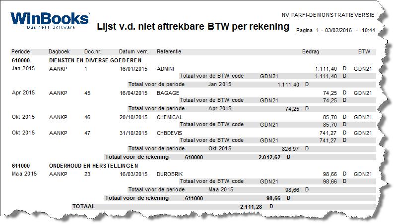 Deze lijst geeft enkel de boekingen weer waarvoor de niet-aftrekbare BTW-code in het linkergedeelte van het aankoopscherm (dus op de maatstaf rekening) werd ingevuld.