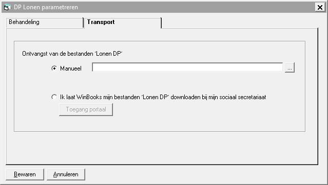 Transport Ontvangst van de bestanden 'Lonen DP' Manueel 1 Indien u het e-fff SocSec formaat gekozen hebt Duid in dit veld het pad van de map waarin de bestanden e-fff SocSec van dit dossier zich