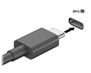1. Sluit het ene uiteinde van de USB Type-C-kabel aan op de USB SuperSpeed en DisplayPort-poort van de computer. 2. Sluit het andere uiteinde van de kabel aan op het externe DisplayPort-apparaat. 3.