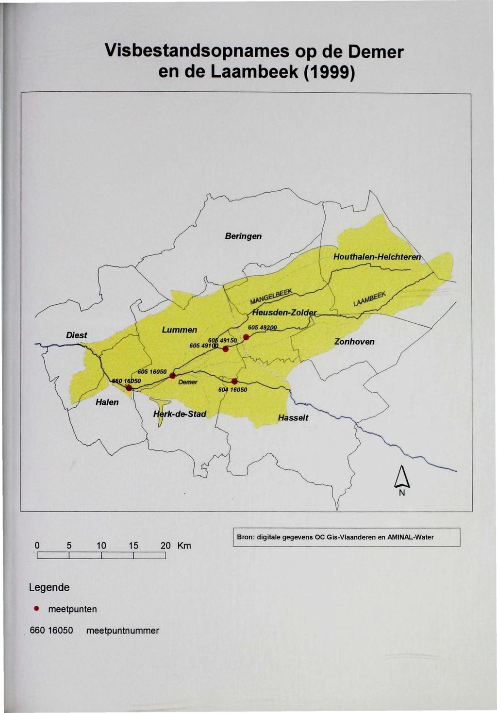 Visbestandsopnames op de Demer en delaambeek (1999) Beringen Hasselt N 0 5 10 15 20 Km Bron: