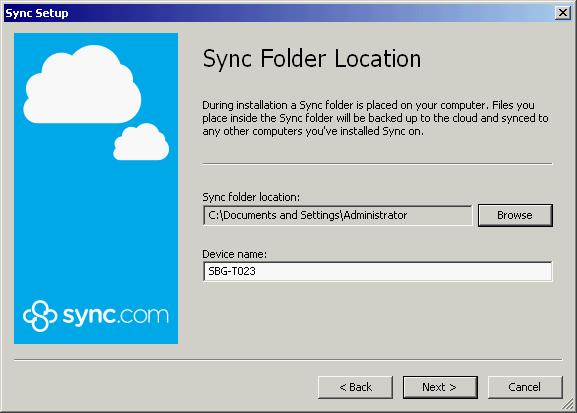 Vink vervolgens I agree to the Sync.com Terms Of Service aan en druk op Next. Figuur 9 Sync Setup 3. Past vervolgens de Sync folder location aan door op browse te drukken.
