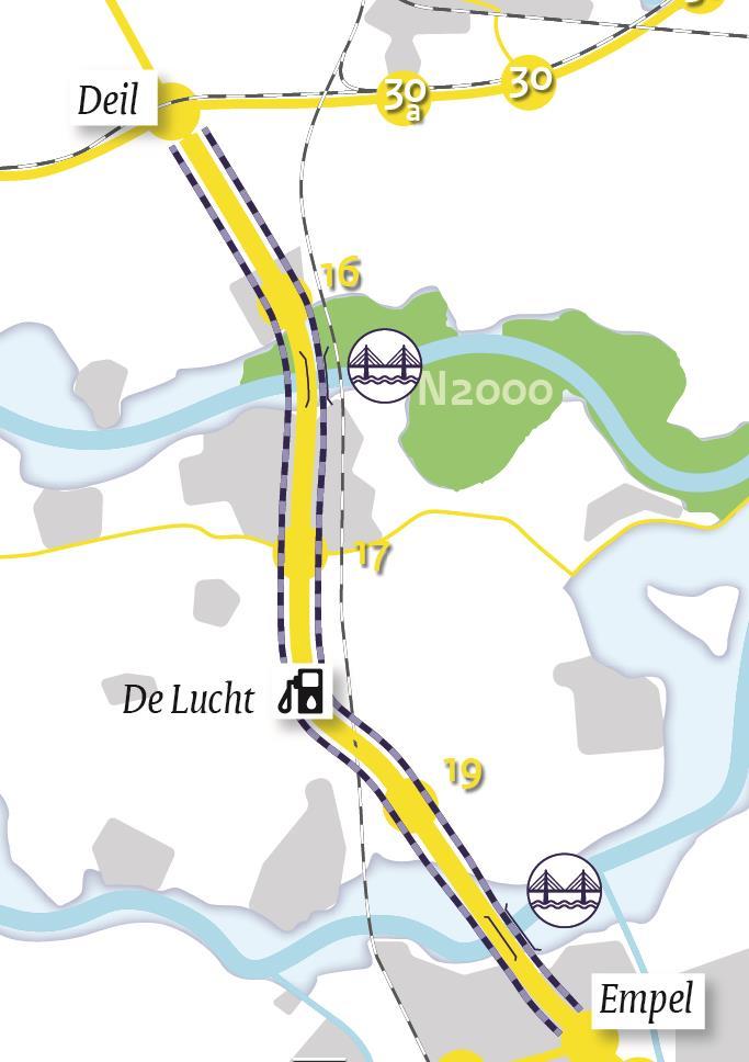 OPLOSSINGSRICHTING 15: HOOGFREQUENTE EN VRAAGGESTUURDE BUSDIENST OVER A2 Beschrijving huidige situatie en probleemanalyse Het traject Deil - Empel bestaat uit 2x3 rijstroken.