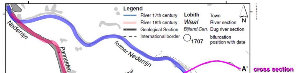Figuur 2.4 Ontwikkeling van de riviersplitsing van de Rijn bij Lobith. Bron: Kleinhans et al. (2012). Dijkdoorbraken waren een structureel probleem vanaf de Late Middeleeuwen.
