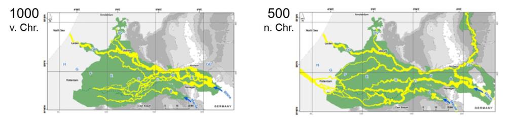 Nieuwe lopen ontstaan en oude worden verlaten een verschijnsel dat avulsie genoemd wordt. Dit gebeurt zowel aan de bovenrand van de delta (nabij de apex; Fig. 2.