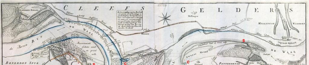 Figuur 4.2 Historische kaart (1750) van Schenkenschans (links) tot Sterreschans (rechts). Het zuiden is boven op deze kaart.