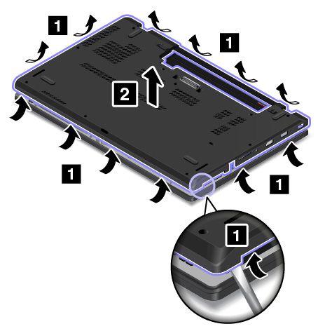 Zie 'Ingebouwde batterij uitschakelen' op pagina 125. 2. Sluit het beeldscherm en keer de computer om. 3. Verwijder de batterij.