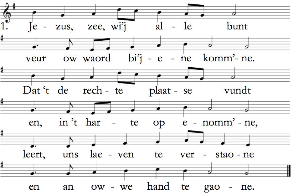 Lied 110:1 en 2 2. Met uns weten, uns verstand, ko nne wi j neet oet de veute, at I j uns neet bi j de hand metnemt, t grote lecht temeute. Zuuv re dro o in unze laeven deen I jzelf daorin te waeven.