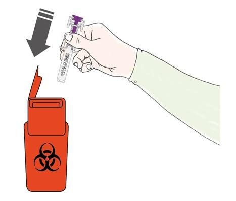 A Stap 4: Voltooien Gooi de gebruikte voorgevulde spuit en andere benodigdheden weg in de naaldcontainer. Geneesmiddelen dienen te worden vernietigd overeenkomstig lokale voorschriften.
