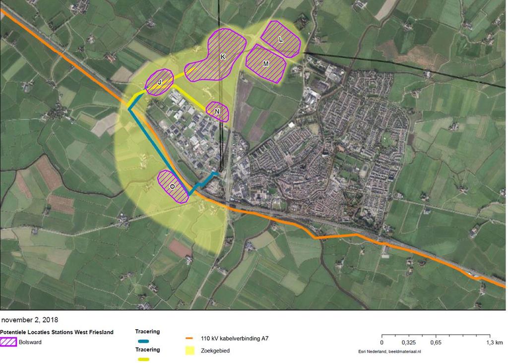 Afbeelding 3.7 Mogelijke kabeltracéalternatieven Bolsward Kop Afsluitdijk - Voor de locaties in het zoekgebied Kop Afsluitdijk A tot en met I (zie afbeelding 3.