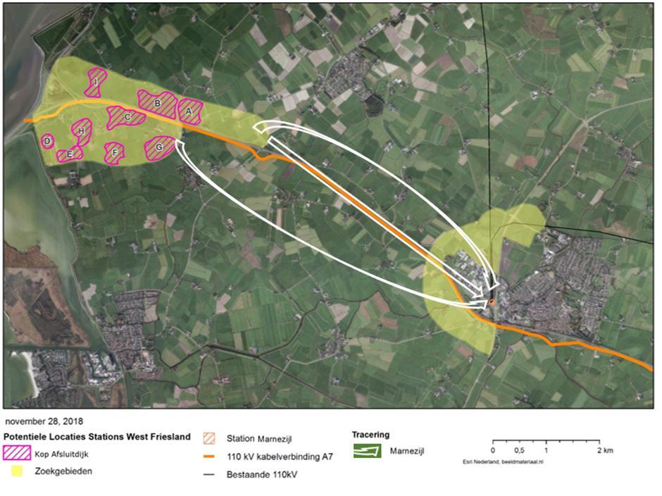 Afbeelding 3.8 Mogelijke kabeltracéalternatieven van Kop Afsluitdijk naar Marnezijl 3.