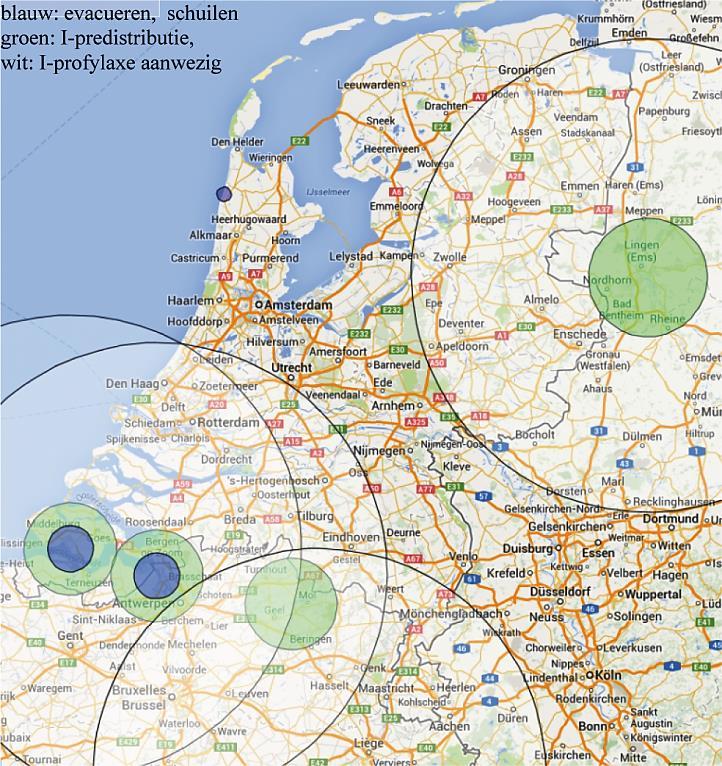 Figuur B4.5 - Harmonisatie maatregelzones kernongevallen Nederland, België en Duitsland Impact- en waarschijnlijkheidsbeoordeling Tabel B4.