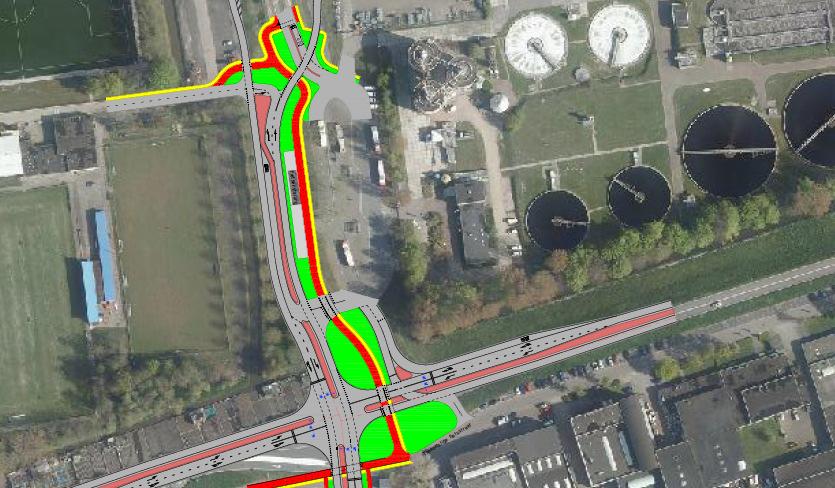 Een kruispunt met stoplichten lijkt daarbij het beste inpasbaar, echter de afmetingen en locatie van fietspaden zijn afhankelijk van het toekomstige profiel van de Sluispolderweg.