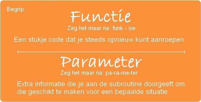 2) Woordenschat Deze les bevat twee nieuwe belangrijke woorden: functie - zeg het maar na: Funk - sie Een stukje code dat je steeds opnieuw kunt aanroepen Parameter - zeg het maar na: Paa-raa-mee-ter