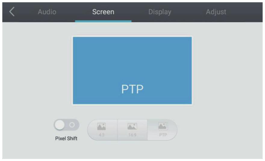 Scherm Druk op de knop op de afstandsbediening om het menu Scherminstellingen te selecteren. Druk op / / / op de afstandsbediening of klik direct met de touch-pen om de optie te selecteren.