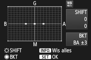 Dit worden reesopnamen met automatische witbalans genoemd (WB-BKT). Reesopnamen met automatische witbalans zijn mogelij in ±3 hele stappen. Stel het aantal reesopnamen met automatische witbalans in.