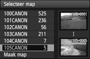 3 Een map maen en selecteren Een map selecteren Laagste bestandsnummer Aantal opnamen in de map Open het scherm Selecteer map, selecteer een map en dru op <0>.