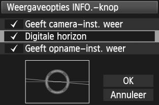 Q De digitale horizon weergeven Om u te helpen bij het rechthouden van de camera, an op het LCD-scherm, in de zoeer en op het LCD-paneel de digitale horizon worden weergegeven.