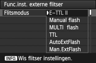 3 De flitser instellenn Instelbare functies voor [Func.inst. interne flitser] en [Func.inst. externe flitser] Functie [Func.inst. interne flitser] [Func.inst. externe flitser] Pagina Flitsmodus 136 Sluiter sync.