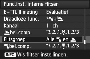 Door de instelling voor [Flitsgroep] te veranderen, unt u fotograferen met verschillende draadloze flitsinstellingen van meerdere Speedlites, aangevuld door de ingebouwde flitser.