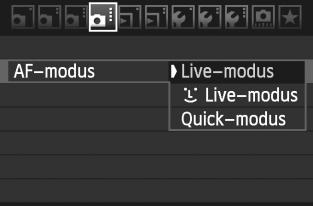 Automatisch scherpstellen De AF-modus selecteren De beschibare AF-modi zijn [Live-modus], [u Live-modus] (met gezichtsherenning, pag. 161) en [Quic-modus] (pag. 165).