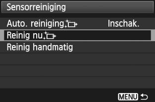 De sensor nu reinigen 1 2 Selecteer [Sensorreiniging]. Selecteer [Sensorreiniging] op het tabblad [6] en dru vervolgens op <0>. Selecteer [Reinig nuf]. Selecteer [Reinig nuf] en dru vervolgens op <0>.